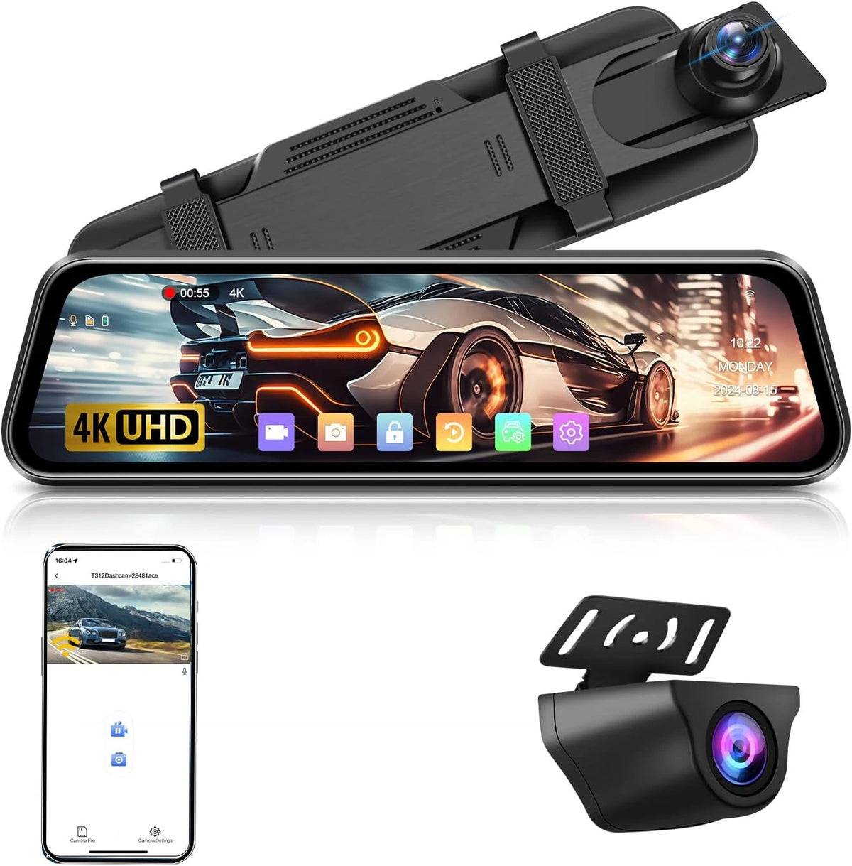 Airpuxem 4K, Dashcam, 10 Inch, Wi-Fi