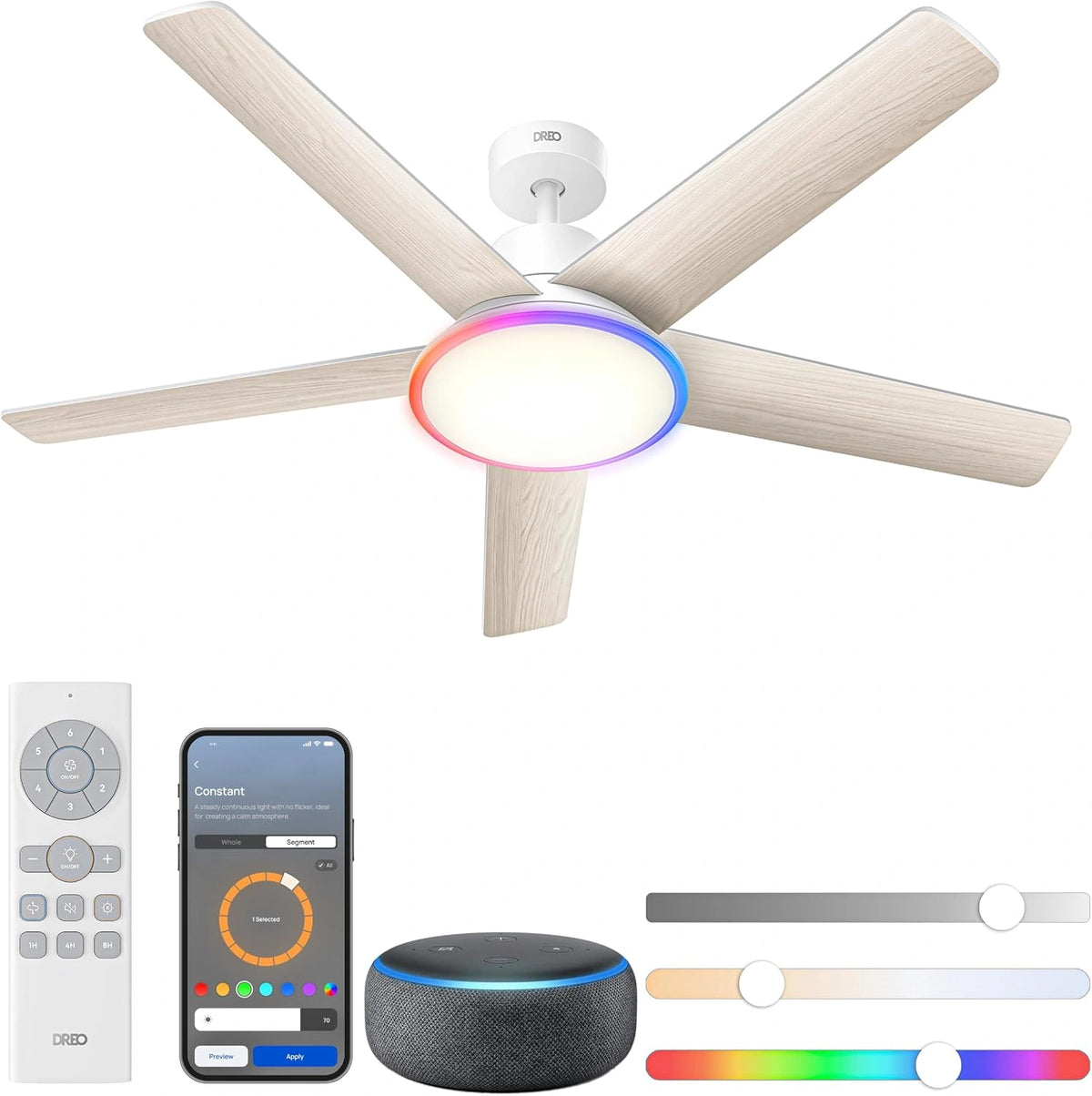 DREO, Smart-home-apparaat, 132 cm, 12 uur, met LED-verlichting, met afstandsbediening, met app-bediening, Wit