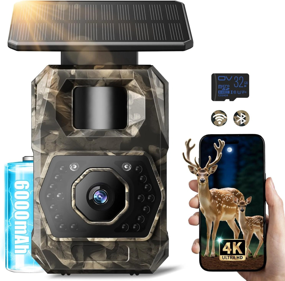 MAXDONE, Digitale camera, IP66, 64MP, 6000mAh, 64 GB, Wi-Fi, met zonne-opladen, met app-bediening