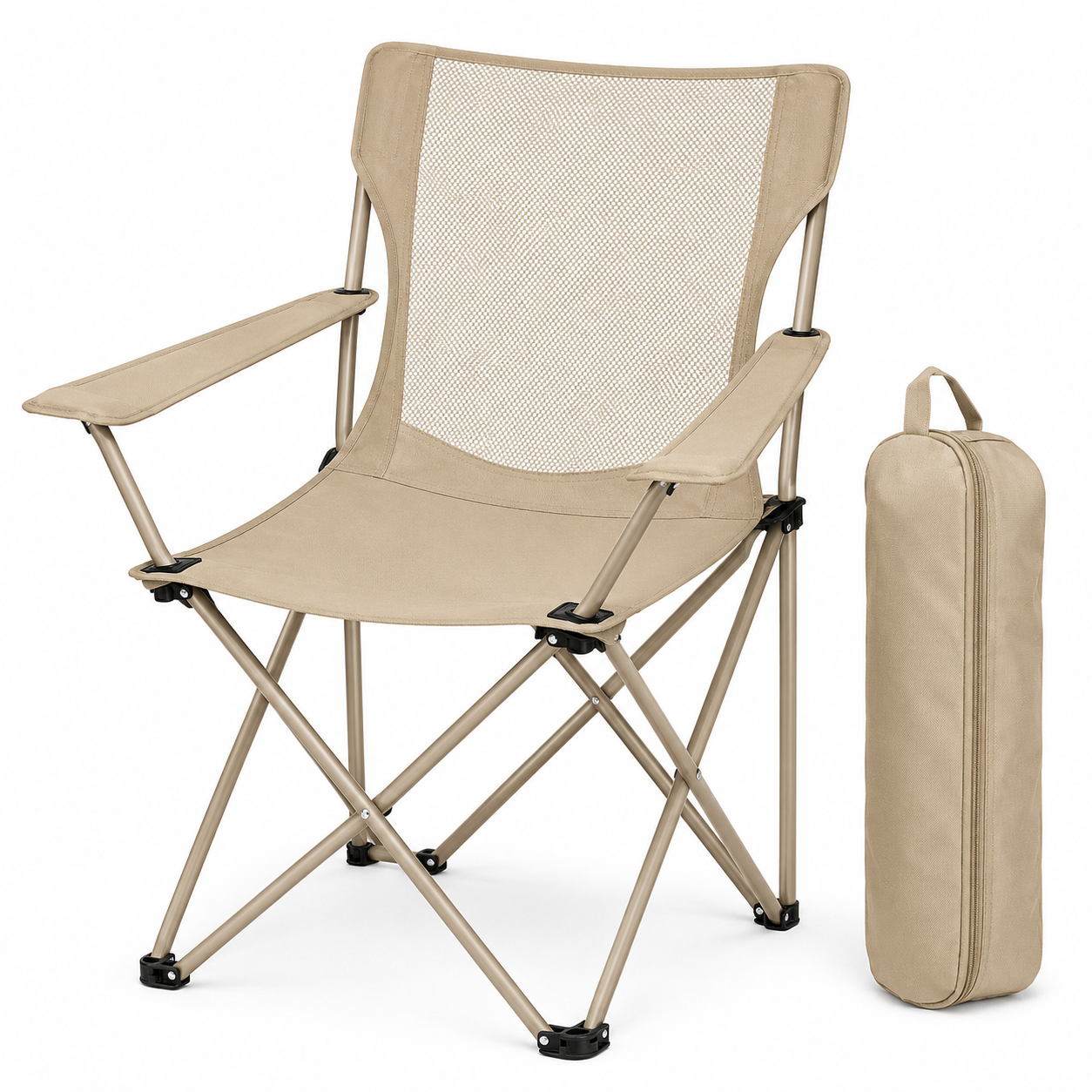 Leichter Campingstuhl Sandbeige mit Netzrücken und Tragetasche 68x55x78 cm